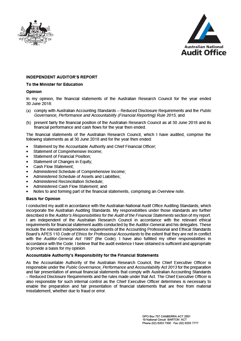 A report from the Delegate of the Auditor-General, Rahul Tejani, Acting Executive Director, to the Minister for Education dated 7 September 2018.
The report details the Delegate’s Opinion and Basis for Opinion, the Accountable Authority’s Responsibility for the Financial Statements, and the Auditor’s Responsibilities for the Audit of the Financial Statements.
