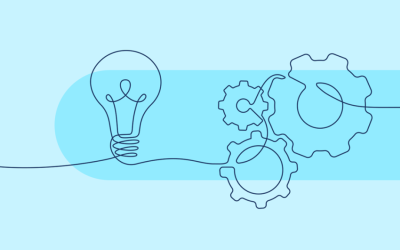 Illustration of interconnected gears leading to a light bulb, symbolising discover, innovation and ideas.