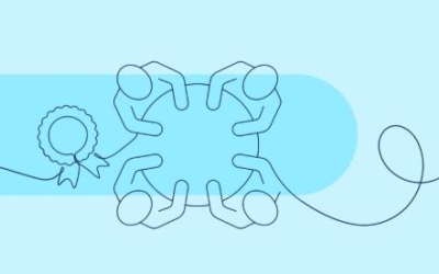 Illustration of four figures seated around a circular table, symbolising collaboration, with a ribbon icon to the left. Text reads ‘ARC Grants Linkage Projects announced’ on a light blue background.