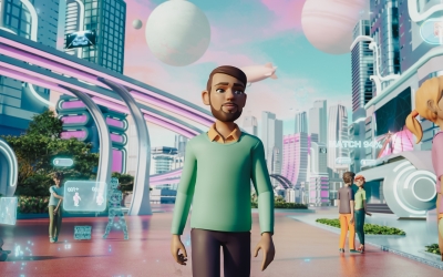 Animated 3D scene of digital avatars interacting in a futuristic virtual city with holographic displays, elevated walkways and floating objects.
