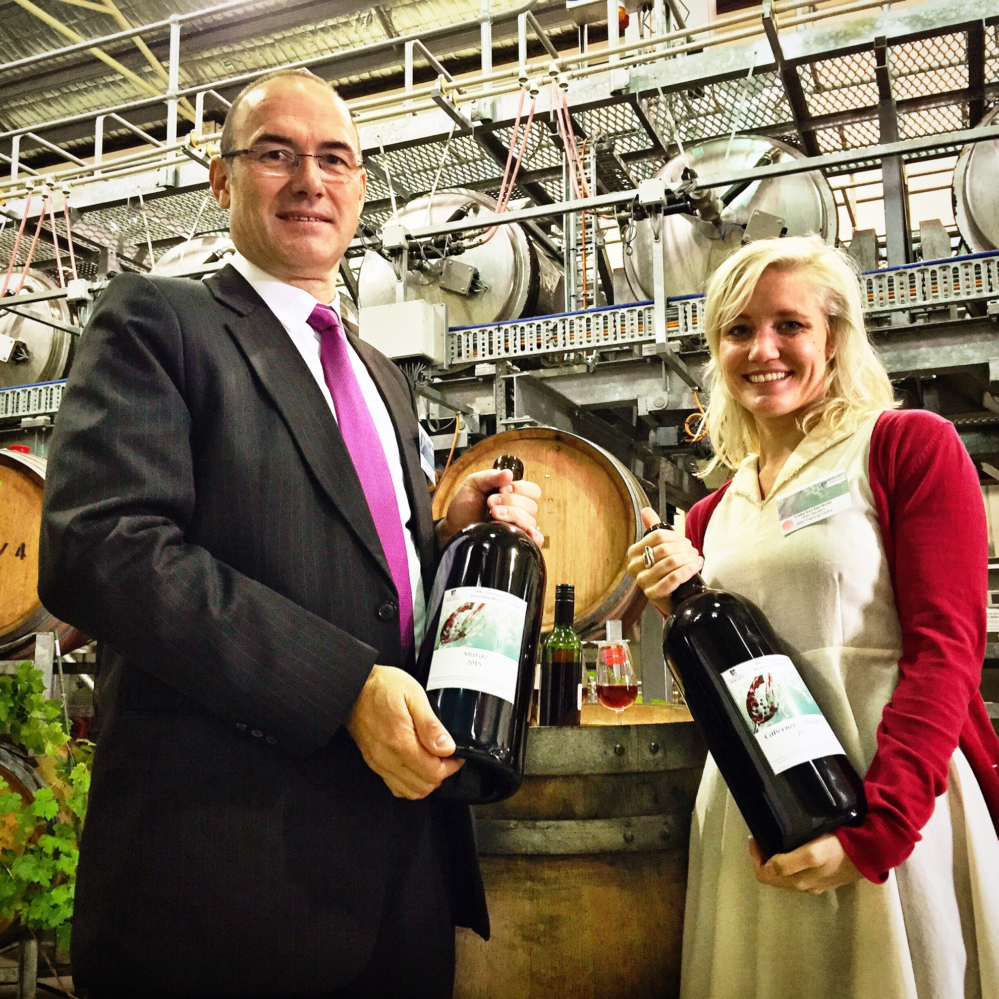 Image: Professor Vladimir Jiranek and PhD candidate Lieke van der Hulst at the launch of the ARC Training Centre for Innovative Wine Production. Image courtesy: The University of Adelaide.