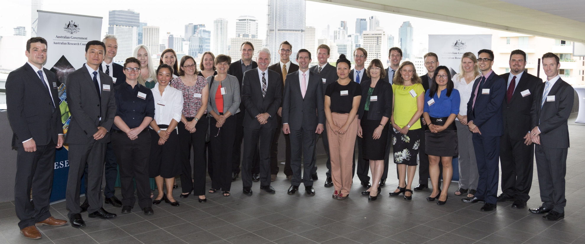  Image: Some of the new 2015 Future Fellows at the announcement event in Brisbane with Minister Simon Birmingham and ARC CEO Professor Aidan Byrne. Image courtesy: Ray Cash Photography.