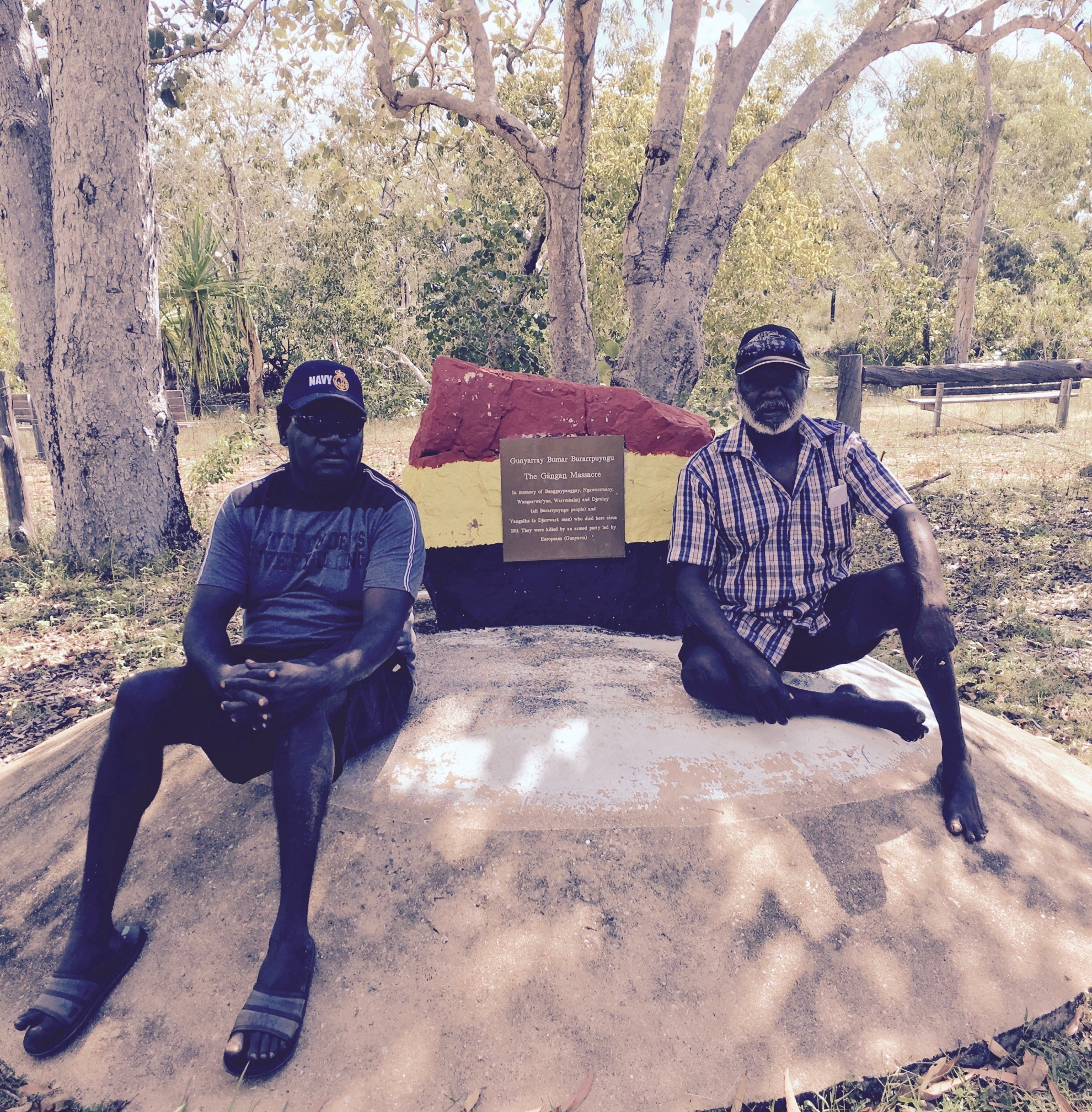 Yolngu artists (L to R) Gunybi Ganambarr and Garawan Wanambi at the site of the 1911 Gangan massacre, NE Arnhem Land, where their interviews were recorded for the Heart of Artness podcast, 2016. 