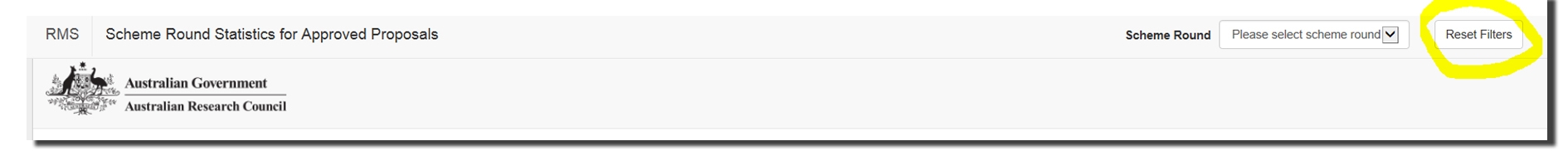 screen shot of using filters on the ARC Funding announcement page