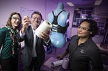 Image: (From left) Professor Julie Steele, Professor Gordon Wallace and Dr Sheridan Gho with the 'smart yarn' used to create the Bionic Bra.