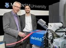 Image: (Left) Professor Albert Polman, (FOM Institute AMOLF and University of Amsterdam), inventor of the SPARC cathodoluminescence system, and (Right) Dr Sander den Hoedt, (CEO, DELMIC BV) open the Monash facility.