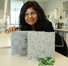 Professor Veena Sahajwalla, Director of UNSW’s Centre for Sustainable Materials Research and Technology (SMaRT), with glass waste ceramic tiles. Professor Veena Sahajwalla, Director of UNSW’s Centre for Sustainable Materials Research and Technology (SMaRT), with glass waste ceramic tiles.