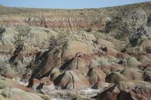 Scientists collected rock samples from red, purple and orange Paleocene-Eocene Thermal Maximum soil horizons in Wyoming. Scientists collected rock samples from red, purple and orange Paleocene-Eocene Thermal Maximum soil horizons in Wyoming.
