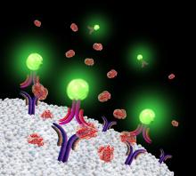 The image represents our sensor during the process of detecting cytokine molecules being secreted from cells. Detection is a specific step in our chemical procedure.