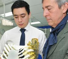 Professor Hutmacher (R) demonstrating the chest implant with Dr Matthew Cheng (L). Credit: QUT Professor Hutmacher (R) demonstrating the chest implant with Dr Matthew Cheng (L). Credit: QUT
