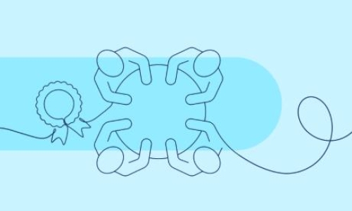 Illustration of four figures seated around a circular table, symbolising collaboration, with a ribbon icon to the left. Text reads ‘ARC Grants Linkage Projects announced’ on a light blue background.