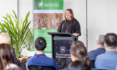 Bonnie Johnson – ARC’s A/g Branch Manager,  Executive and Communications – speaking at a black podium with The University of Queensland’s logo. A banner beside the podium reads “ARC Research Hub for Engineering Plants to Replace Fossil Carbon”.