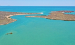 Westward facing aerial view of Cape Bruguieres Channel at high tide. Credit: J. Leach
