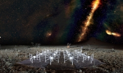 A ‘radio colour’ view of the sky above a ‘tile’ of the Murchison Widefield Array radio telescope, located in outback Western Australia. 