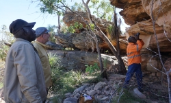Recording rock art at Liwingkinya on Vanderlin Island in Yanyuwa Country with Graham Friday, John Bradley, and Warren Timothy. Credit: Amanda Kearney, June 2019. Recording rock art at Liwingkinya on Vanderlin Island in Yanyuwa Country with Graham Friday, John Bradley, and Warren Timothy. Credit: Amanda Kearney, June 2019.