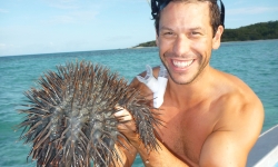 Dr Scott Ling with a crown of thorns starfish Dr Scott Ling with a crown of thorns starfish
