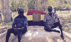 Yolngu artists (L to R) Gunybi Ganambarr and Garawan Wanambi at the site of the 1911 Gangan massacre, NE Arnhem Land, where their interviews were recorded for the Heart of Artness podcast, 2016. Yolngu artists (L to R) Gunybi Ganambarr and Garawan Wanambi at the site of the 1911 Gangan massacre, NE Arnhem Land, where their interviews were recorded for the Heart of Artness podcast, 2016.