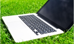 opened laptop on a bed of grass opened laptop on a bed of grass