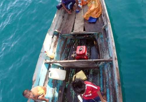aerial view of children in boat