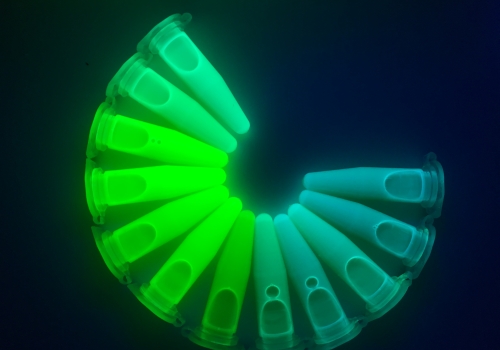 The tuneable emission colour of a solution of various bromide based perovskite nanocrystals under UV light. Credit: Dr Wenping Yin.