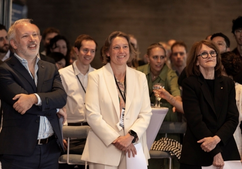Professor Stephen Bartlett, Chief Investigator in the Australian Research Council Centre of Excellence in Engineered Quantum Systems (EQUS) with ARC Executive Director Professor Anika Gauja and Dr Cathy Foley, former Chief Scientist of Australia.