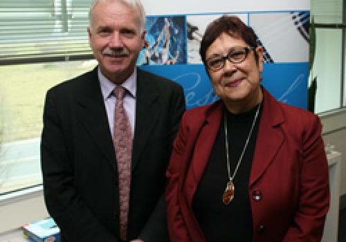 Professor Aileen Moreton-Robinson with ARC CEO, Professor Aidan Byrne. Image: Professor Aileen Moreton-Robinson with ARC CEO, Professor Aidan Byrne.