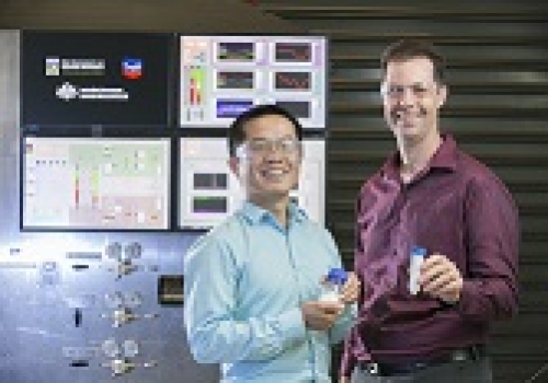 Image: Dr. Kevin Li and Prof. Eric May pictured in the lab with their separation technology.