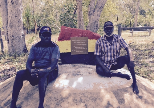 Yolngu artists (L to R) Gunybi Ganambarr and Garawan Wanambi at the site of the 1911 Gangan massacre, NE Arnhem Land, where their interviews were recorded for the Heart of Artness podcast, 2016. Yolngu artists (L to R) Gunybi Ganambarr and Garawan Wanambi at the site of the 1911 Gangan massacre, NE Arnhem Land, where their interviews were recorded for the Heart of Artness podcast, 2016.