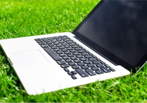 opened laptop on a bed of grass opened laptop on a bed of grass