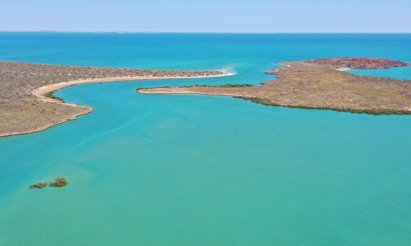 Westward facing aerial view of Cape Bruguieres Channel at high tide.  Credit: J. Leach