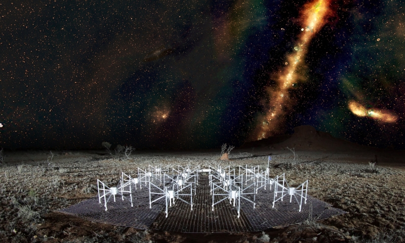 A ‘radio colour’ view of the sky above a ‘tile’ of the Murchison Widefield Array radio telescope, located in outback Western Australia. 