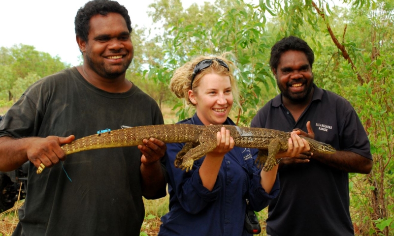 Dr Georgia Ward-Fear, with brothers Herbert (left) and Wesley Alberts about to release 'Barney.’ Melissa Bruton. 