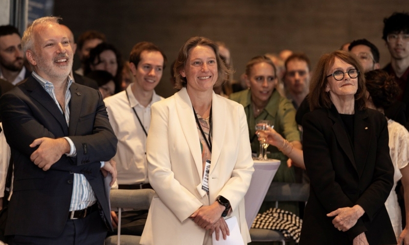 Professor Stephen Bartlett, Chief Investigator in the Australian Research Council Centre of Excellence in Engineered Quantum Systems (EQUS) with ARC Executive Director Professor Anika Gauja and Dr Cathy Foley, former Chief Scientist of Australia. 