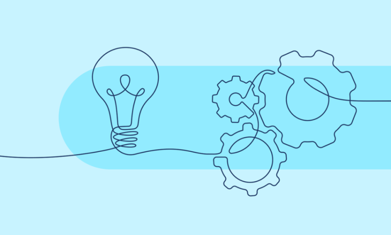 Illustration of interconnected gears leading to a light bulb, symbolising discover, innovation and ideas.