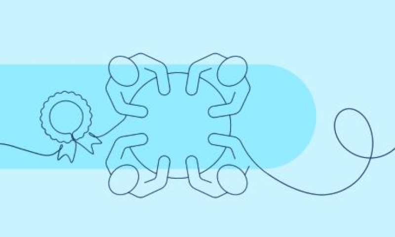 Illustration of four figures seated around a circular table, symbolising collaboration, with a ribbon icon to the left. Text reads ‘ARC Grants Linkage Projects announced’ on a light blue background.