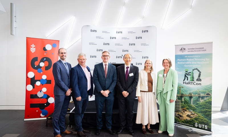 Group photo of ARC Deputy Chief Executive Officer Anthony Murfett, NSW Chief Scientist and Engineer Professor Hugh Durrant‑Whyte, the Hon. Julian Hill MP, Assistant Minister for Citizenship, Customs and Multicultural Affairs and Assistant Minister for International Education, Distinguished Professor Dikai Liu, Professor Peta Wyeth and Professor Anika Gauja at the launch of the ARC Research Hub for Human‑Robot Teaming for Sustainable and Resilient Construction (HaRTCon) at the University of Technology Sydney