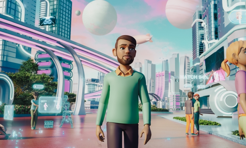 Animated 3D scene of digital avatars interacting in a futuristic virtual city with holographic displays, elevated walkways and floating objects.