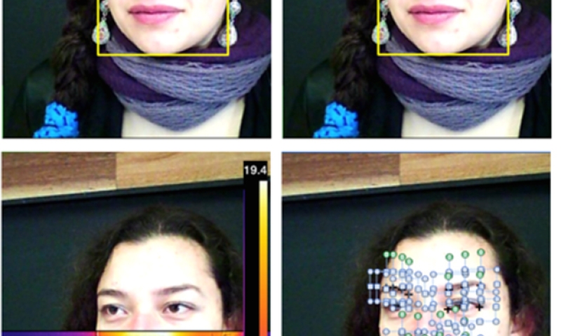 Image: Example of image and video analysis to automatically extract: face, eyes and pupil dilation; heart rate dynamics; Infrared thermography; and micro-facial movements. Image credit: The University of Melbourne.